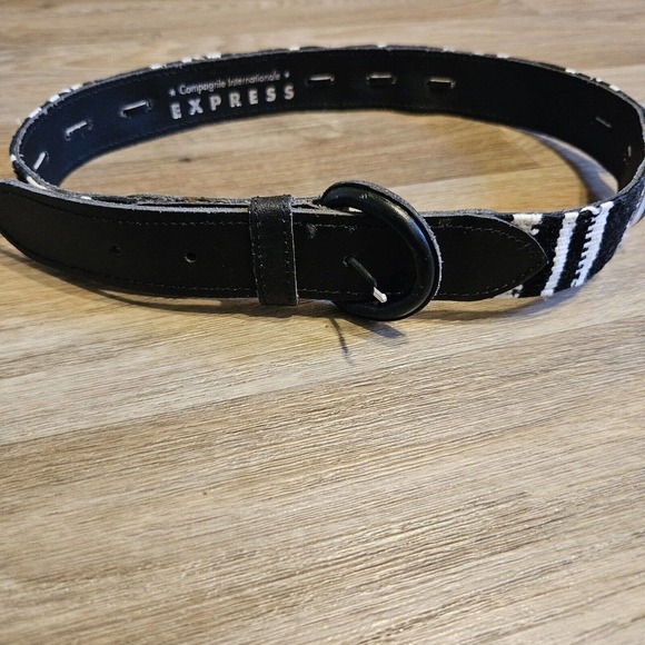 Express Compagnie Internationale Leather Corduroy Belt Size S Black White - Picture 5 of 14
